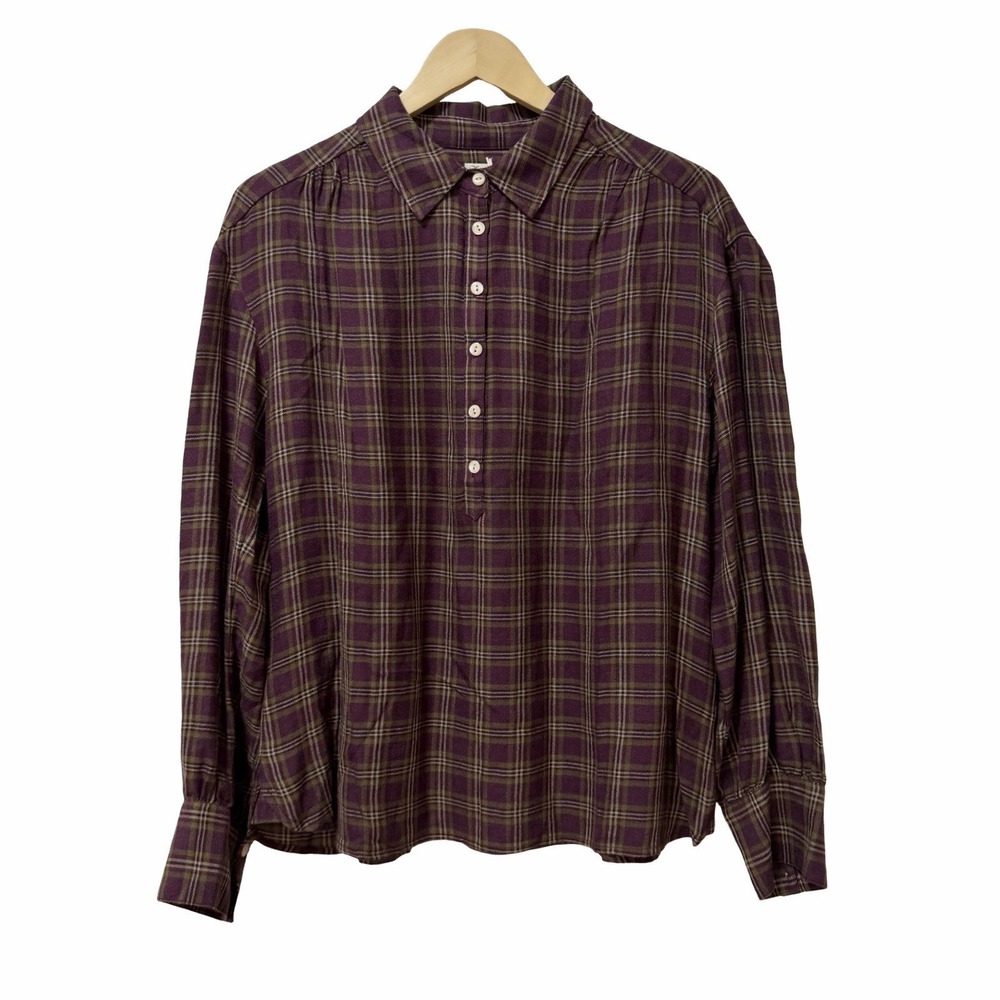Faherty Woemns Olli Check Plaid Wool Blend Popover Blouse Top Size M Red Western